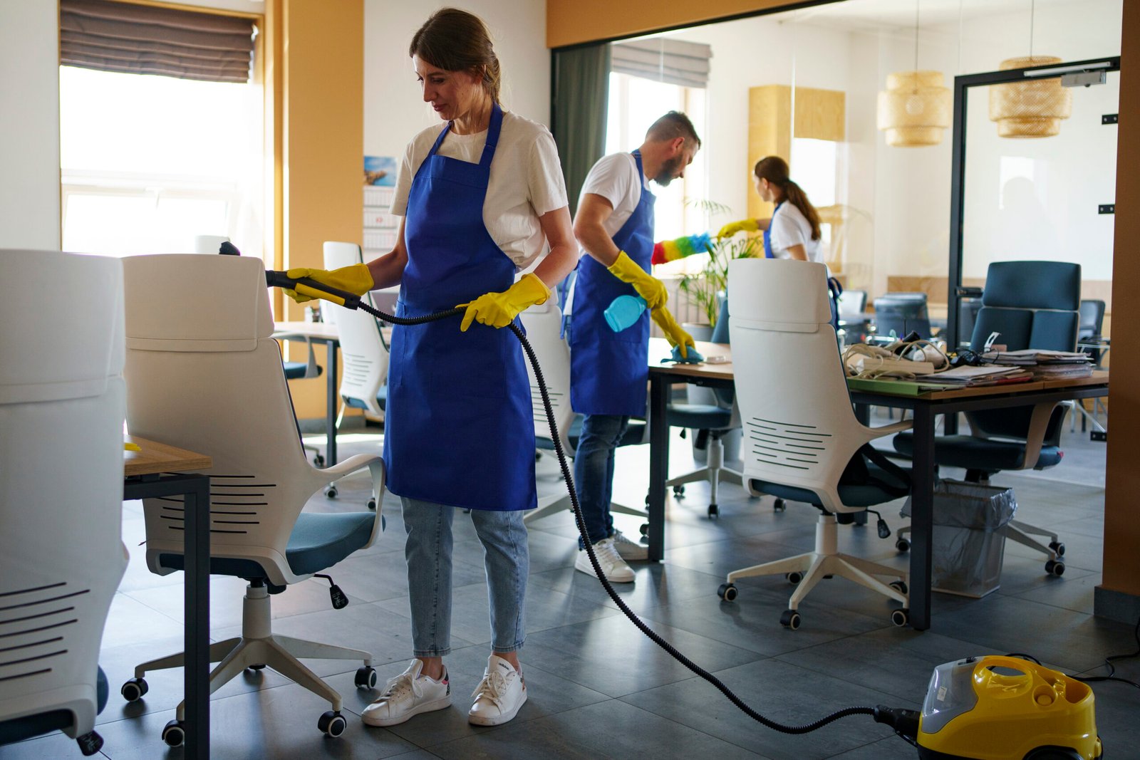 professional cleaning service person using vacuum cleaner office scaled